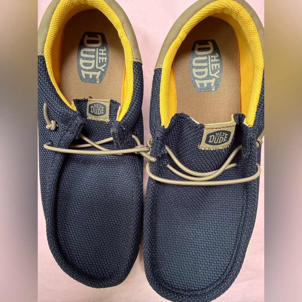 Hey Dude Navy Knit Slip-On Loafers with Yellow Interior